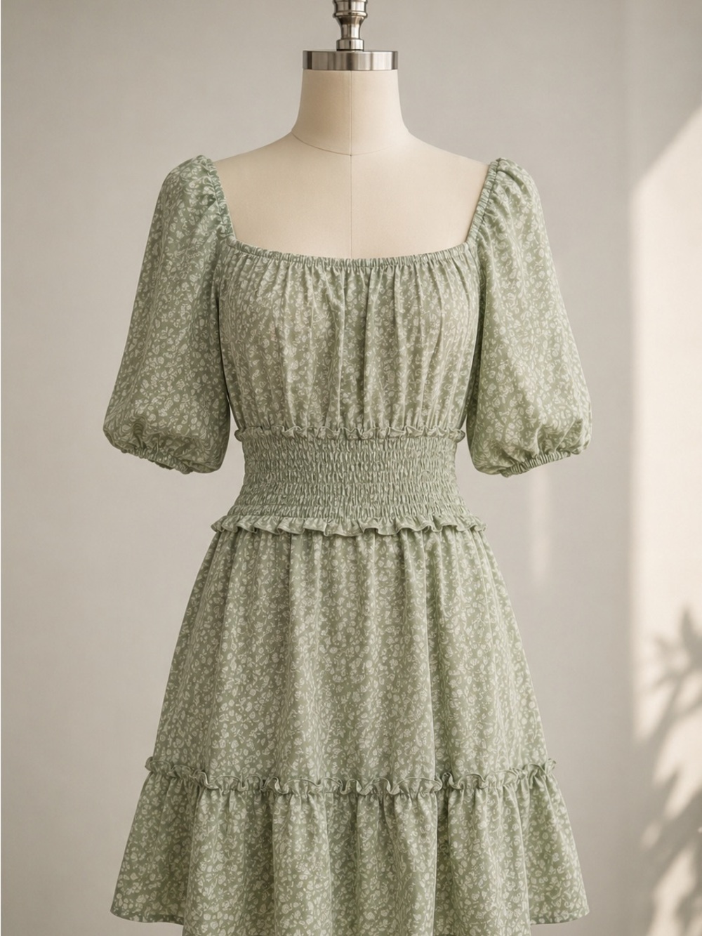 Smocked Puff Sleeve Mini Dress in Sage Floral